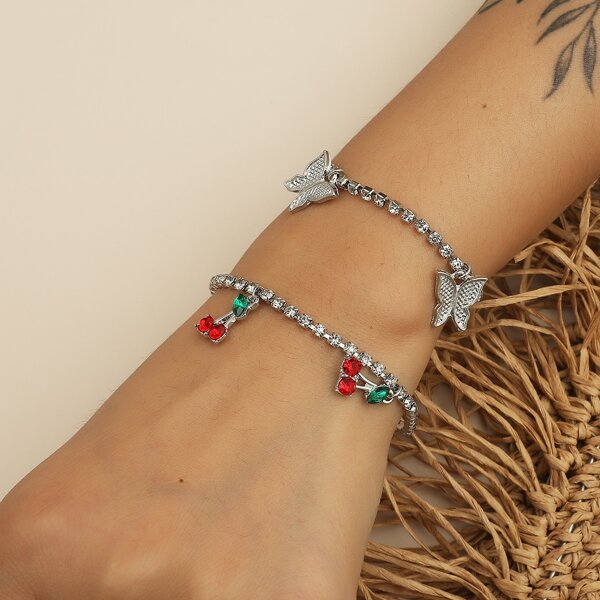 

2pcs Rhinestone Fruit Decor Bracelet, Silver