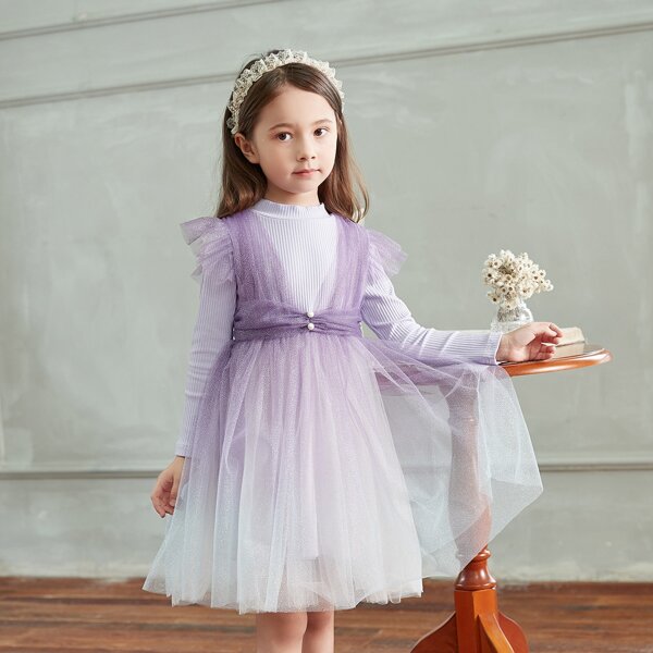 

Toddler Girls Contrast Mesh Ruffle Trim Pearls Beaded Dress, Pastel lilac purple