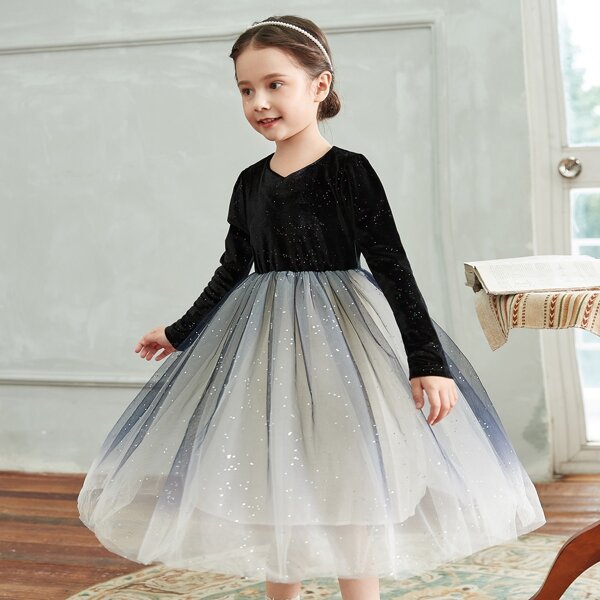 

Toddler Girls Contrast Mesh Bodice Tutu Dress, Black and white