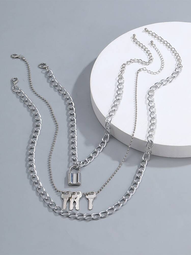 Fashionable and Popular 3pcs Men Lock & Key Pendant Necklace Alloy for Jewelry Gift and for a Stylish Look