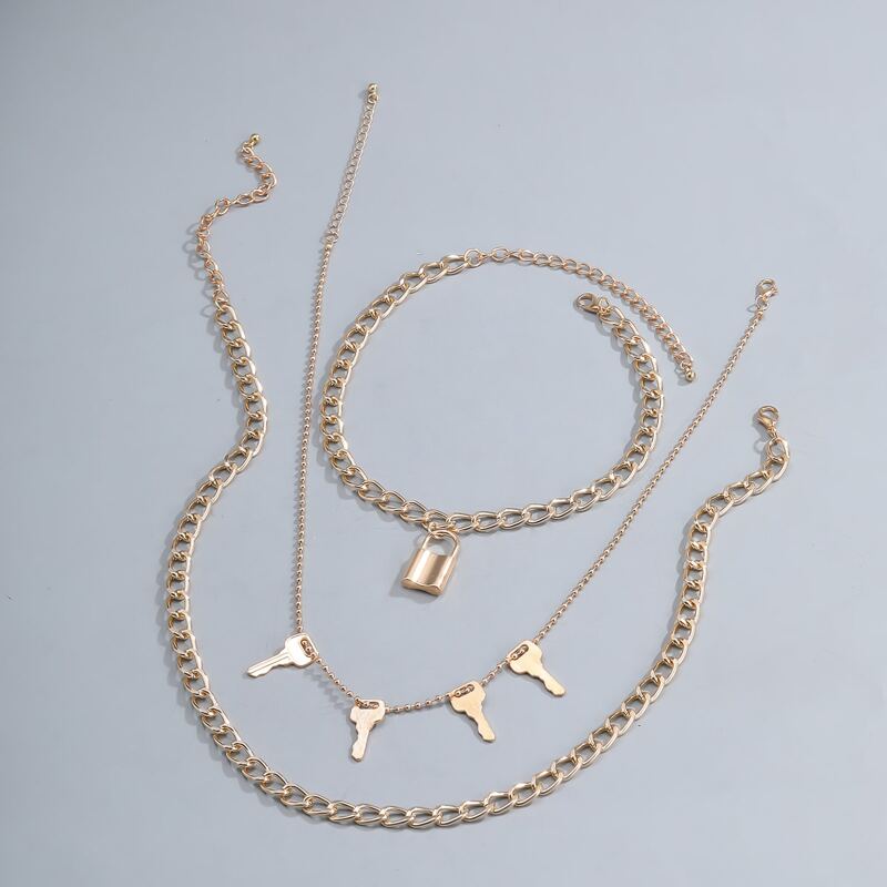 

3pcs Guys Lock & Key Pendant Necklace, Gold