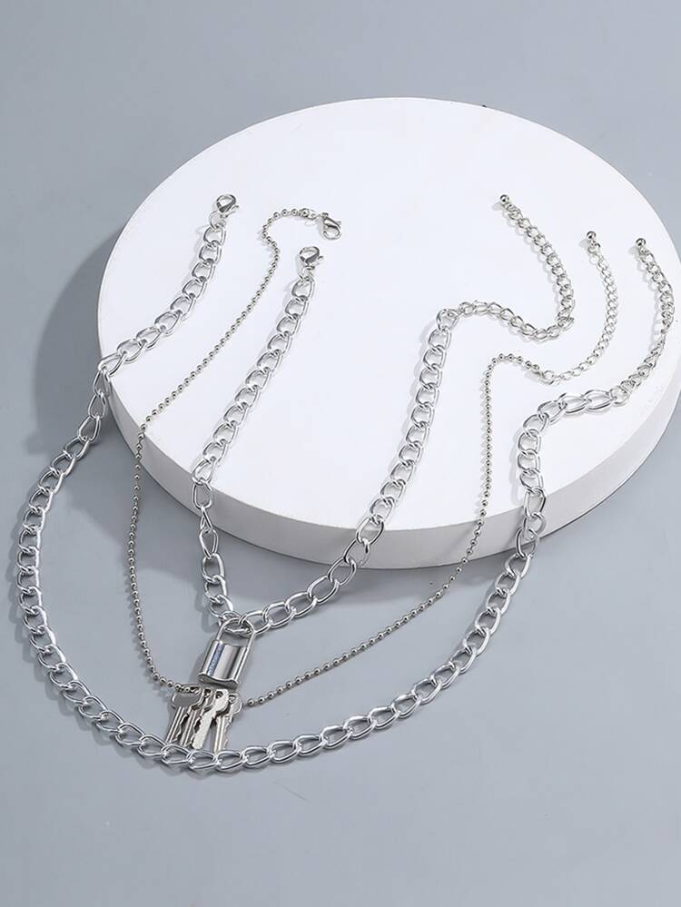 Fashionable and Popular 3pcs Men Lock & Key Pendant Necklace Alloy for Jewelry Gift and for a Stylish Look