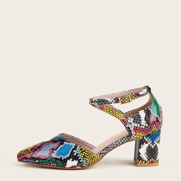 

Snakeskin Ankle Strap Chunky Pumps, Multicolor