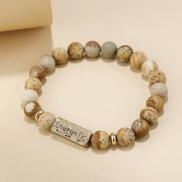 

Men Letter Detail Beaded Bracelet, Brown