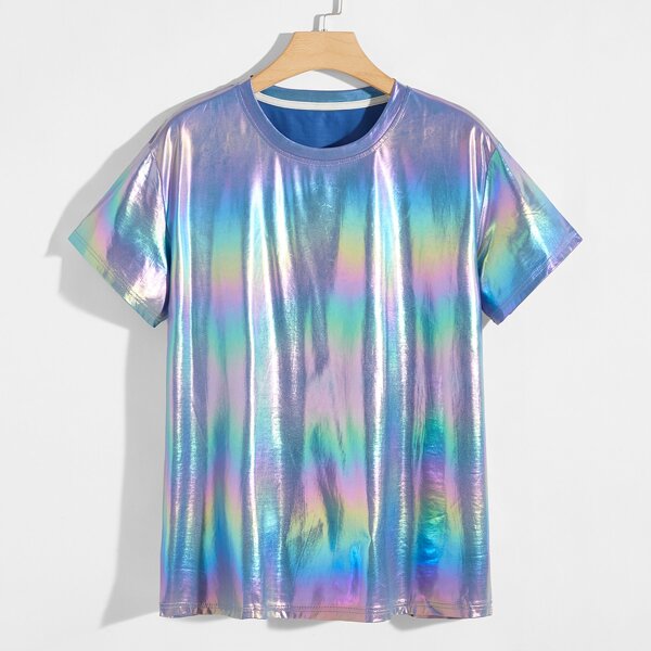 

Men Holographic Satin Crew Neck Tee, Multicolor