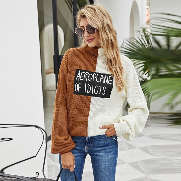 

Color-block Letter Patched Turtleneck Sweater, Multicolor