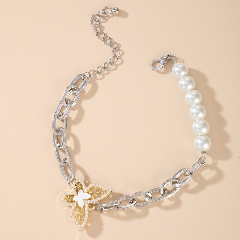 

Faux Pearl Butterfly Chain Bracelet, Silver