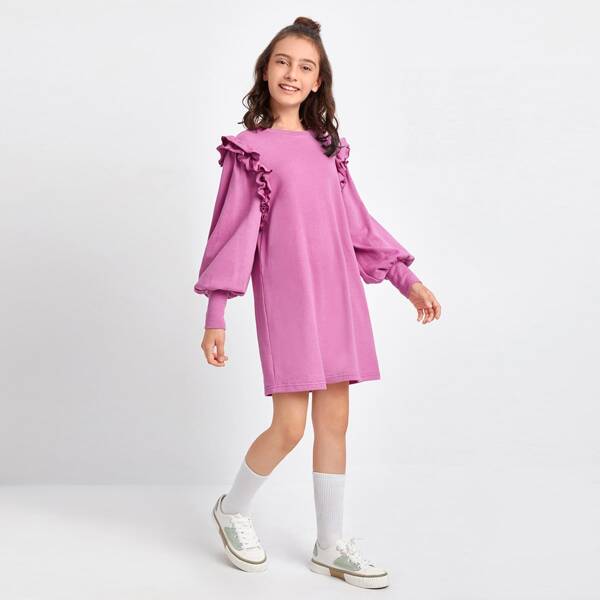 

Girls Lantern Sleeve Ruffle Trim Sweatshirt Dress, Pink