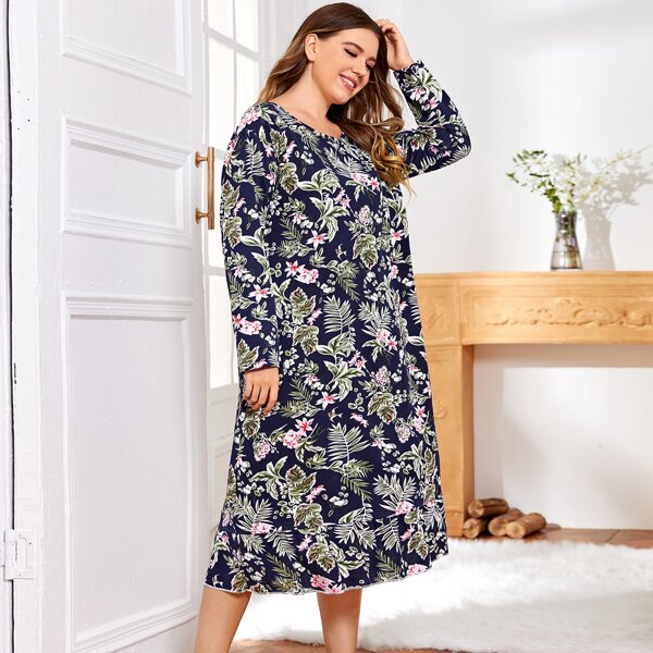 

Plus Tropical Print Ruffle Hem Nightdress, Multicolor
