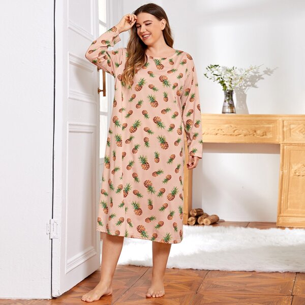 

Plus Allover Pineapple Print Nightdress, Baby pink