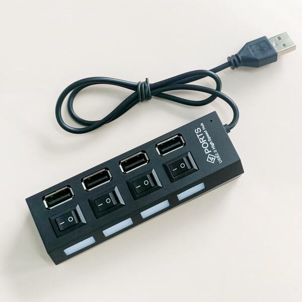 

1pc Four-USB Splitter With Light & Switch, Black