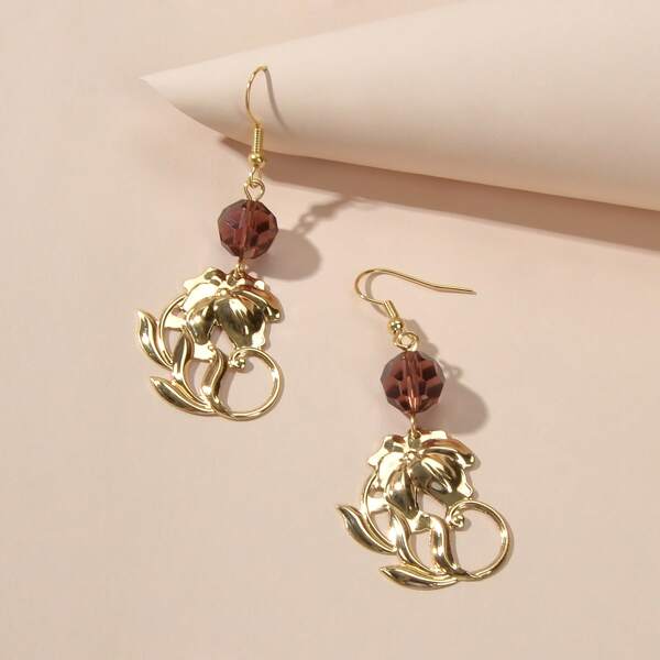 

Bead Detail Flower Drop Earrings, Gold