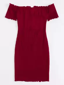 SHEIN Essnce Plus V-bar Off Shoulder Lettuce Edge Dress - Burgundy - View 2