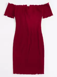 SHEIN Essnce Plus V-bar Off Shoulder Lettuce Edge Dress - Burgundy - View 4