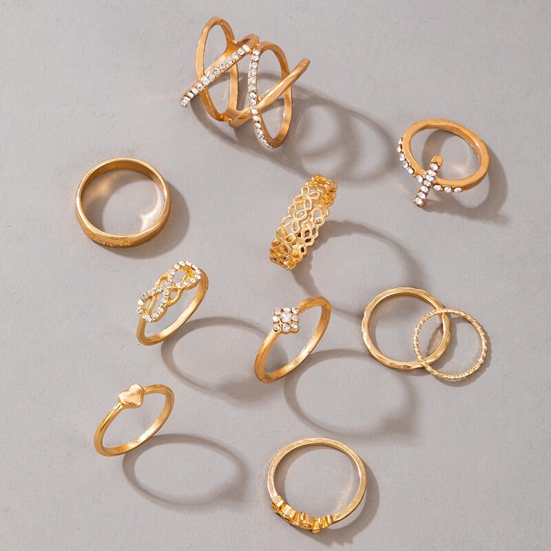 

10pcs Rhinestone Heart Ring, Gold