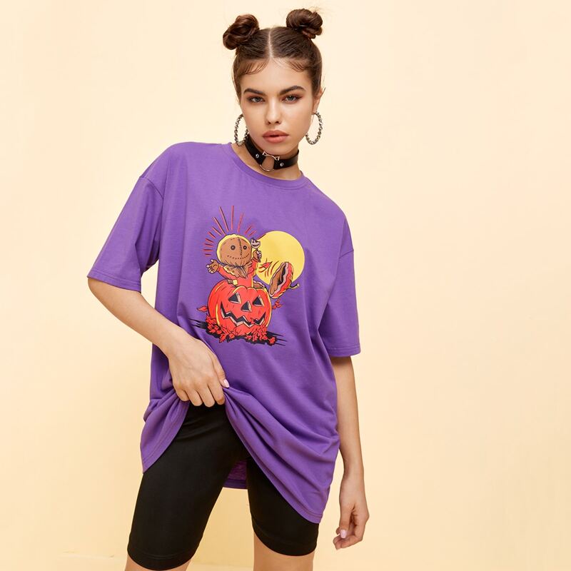 

Halloween Pumpkin Graphic Oversized Tee, Violet purple