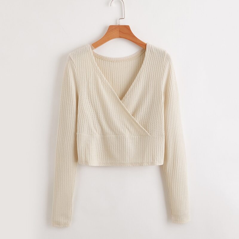 

Solid Wrap Waffle Knit Sweater, Beige