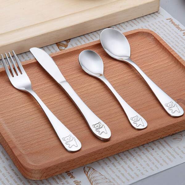 

4pcs Cartoon Bear Pattern Cutlery Set, Silver