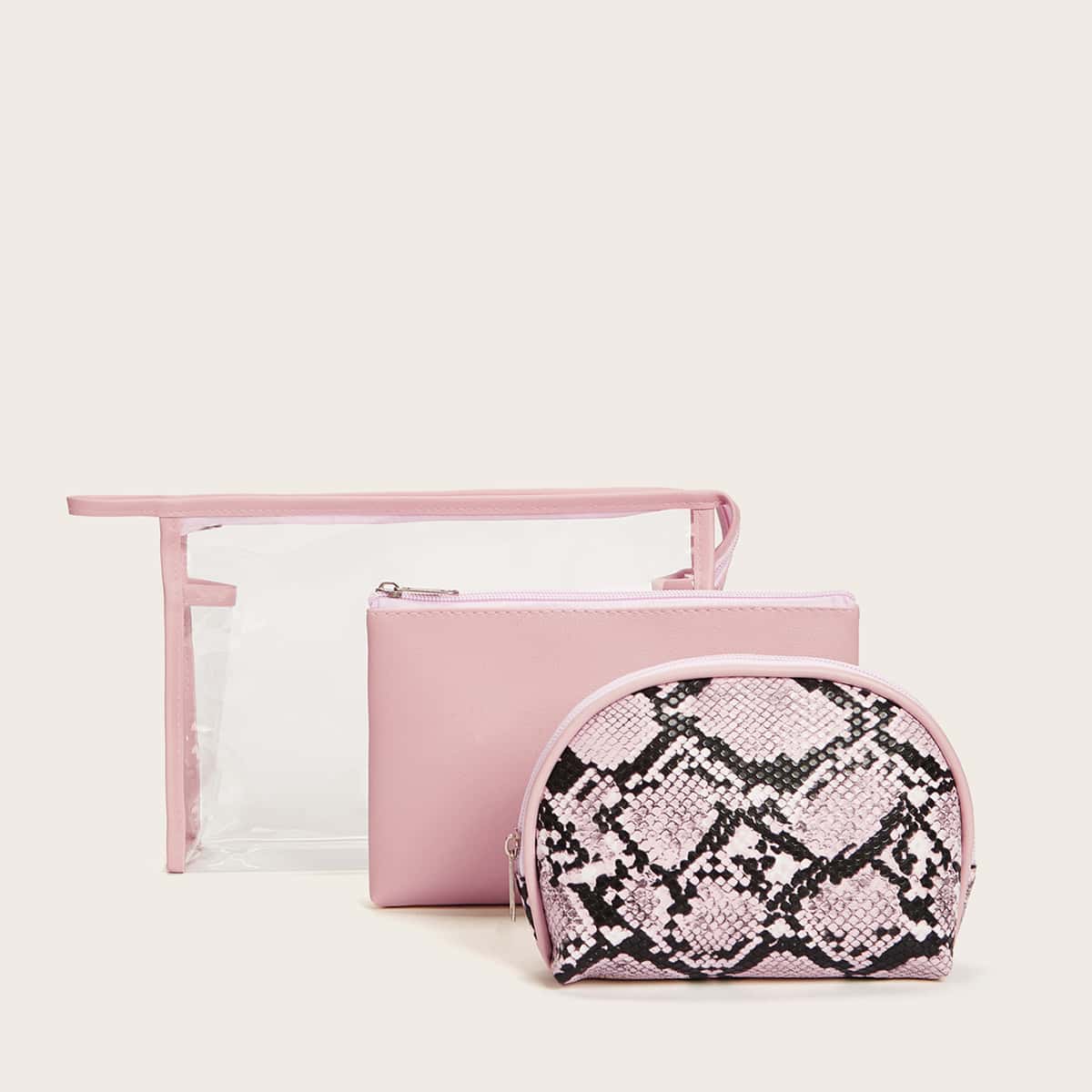 

3pcs Snakeskin Print Makeup Bag, Multicolor