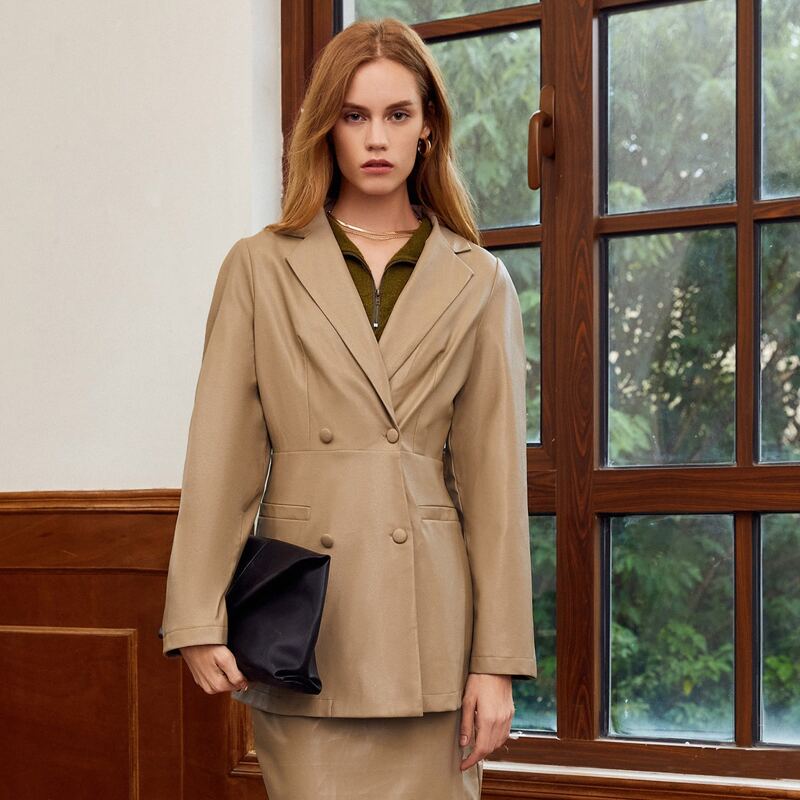 

Double Button Pocket Side PU Leather Blazer, Khaki