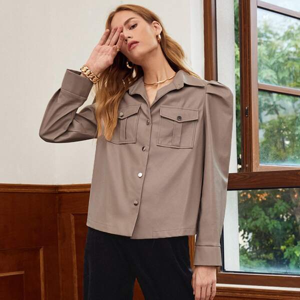

Button Front Patch Pocket PU Leather Top, Apricot