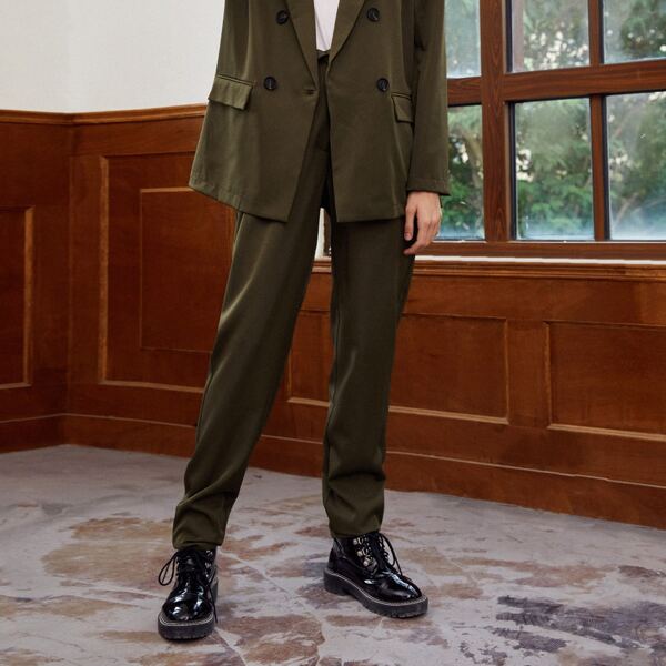 

Foldover Waist PU Leather Pants, Army green
