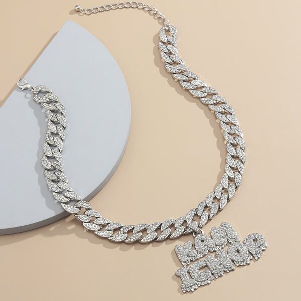 

Rhinestone Letter Decor Chain Necklace, Silver