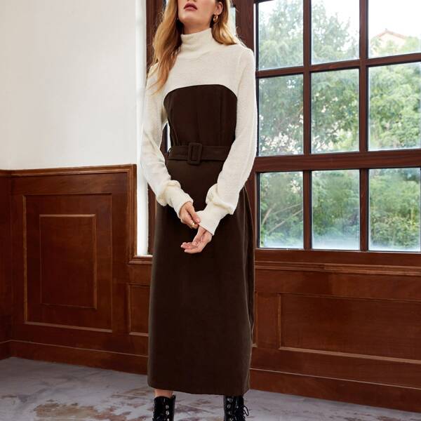

High Neck Mixed Media Two Tone Buckle Belted Dress, Chocolate brown