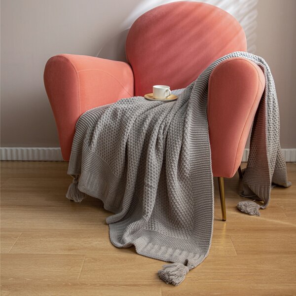 

Tassel Decor Knitted Blanket, Grey