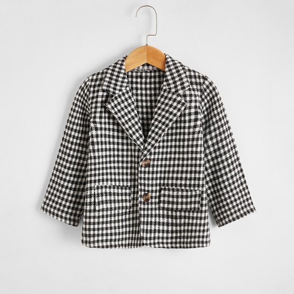

Toddler Boys Lapel Neck Gingham Coat, Black and white
