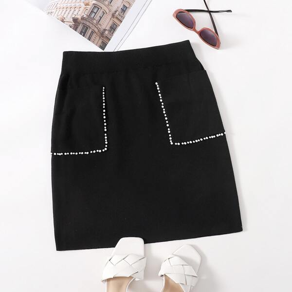 

Plus Pearl Beaded Ribbed Skirt, Black