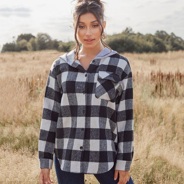 

Flap Pocket Buffalo Plaid Hooded Coat, Black and white