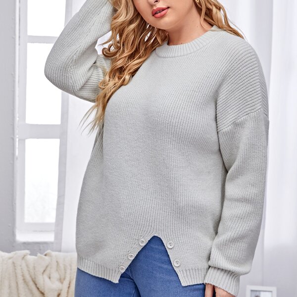 

Plus Split Hem Button Detail Sweater, Light grey