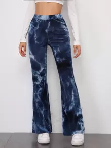 SHEIN Flare Leg Tie Dye Cord Trousers - Navy Blue - View 1