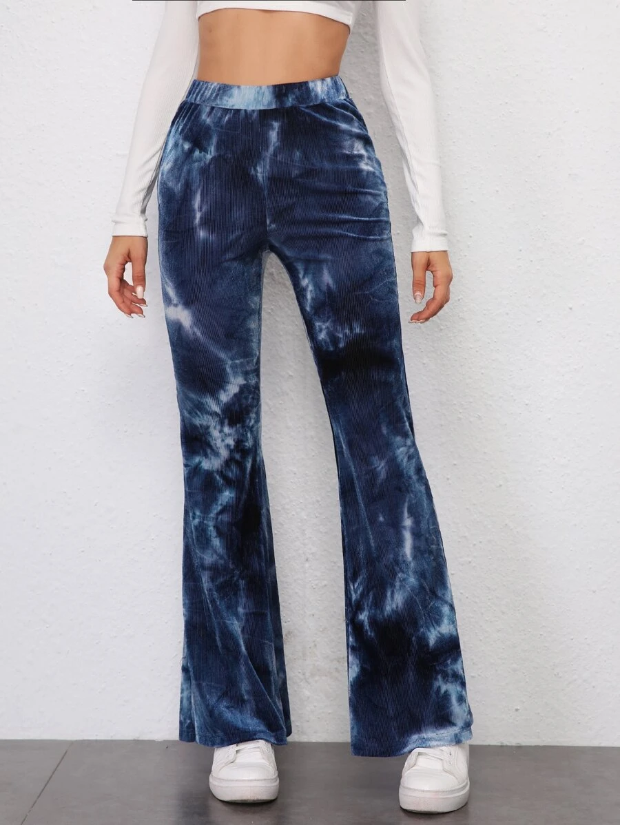SHEIN Flare Leg Tie Dye Cord Trousers - Navy Blue - View 1