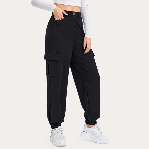 

Flap Pocket Solid Joggers, Black