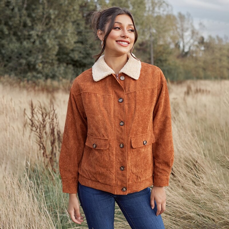 

Single Breasted Zip Up Teddy Collar Cord Coat, Brown