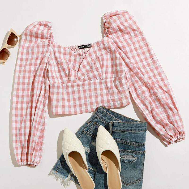 

Sweetheart Neck Lantern Sleeve Gingham Top, Multicolor
