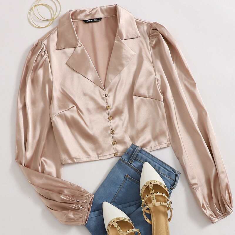 

Lapel Neck Button Front Satin Crop Blouse, Champagne