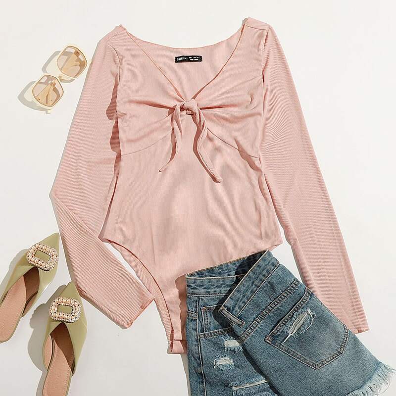 

Knot Front Deep V Neck Fitted Bodysuit, Pastel baby pink