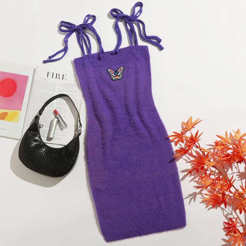 

Knot Straps Butterfly Patch Sweater Dress, Violet purple