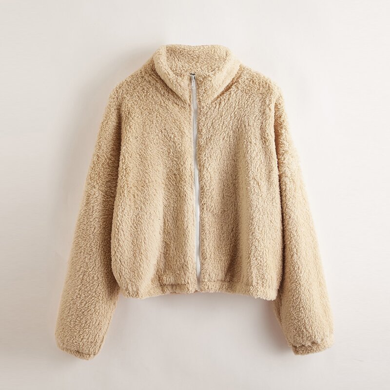 

Drop Shoulder Zip Up Teddy Jacket, Apricot