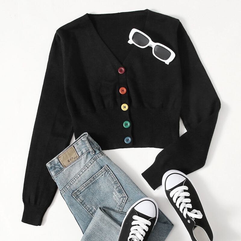 

Solid Button Front Crop Cardigan, Black