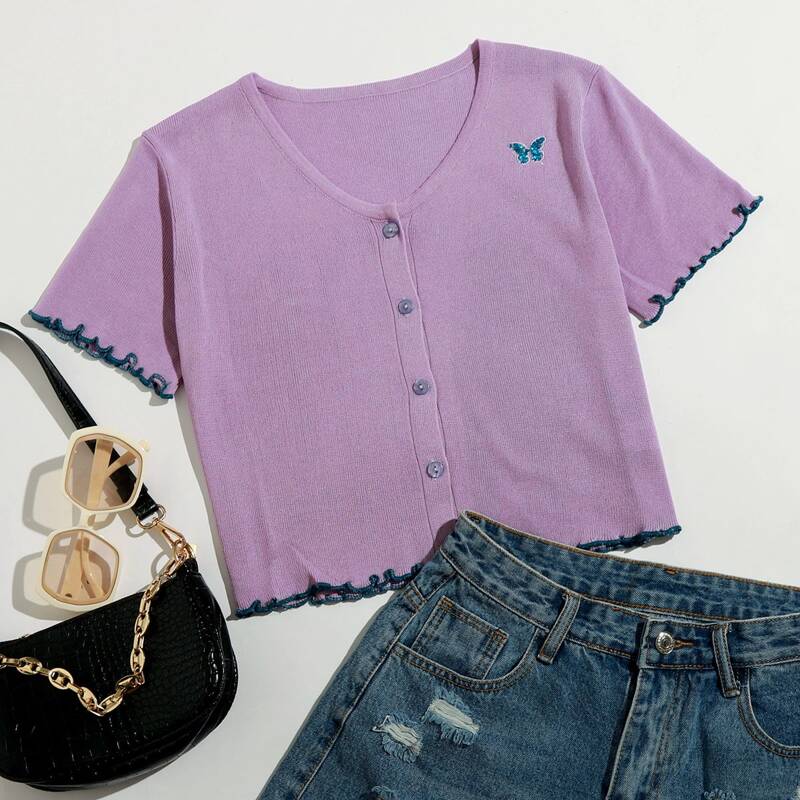 

Butterfly Embroidery Lettuce Trim Cardigan, Lilac purple