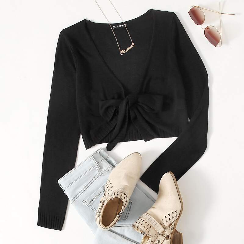 

Tie Front Crop Cardigan, Black