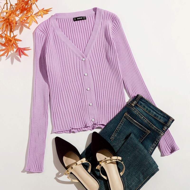 

Pearl Button Up Rib-knit Cardigan, Lilac purple