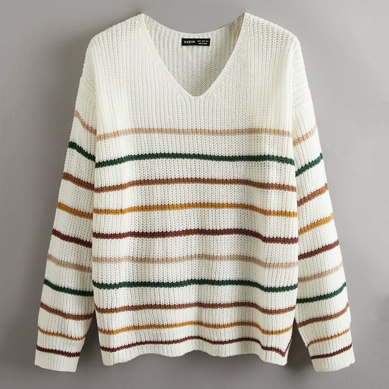 

Drop Shoulder Striped Sweater, White
