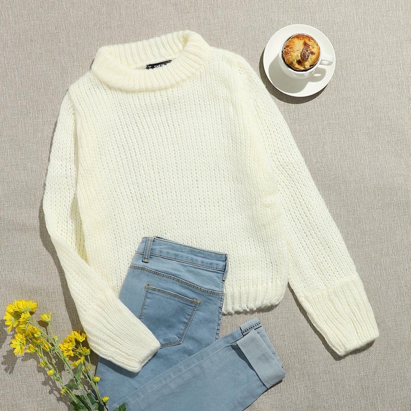 

Solid Chunky Knit Sweater, White