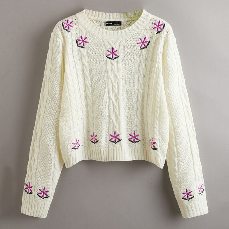 

Floral Embroidered Mixed Knit Sweater, White