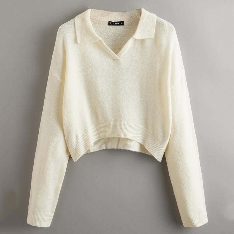 

V-collar Drop Shoulder Solid Sweater, Beige